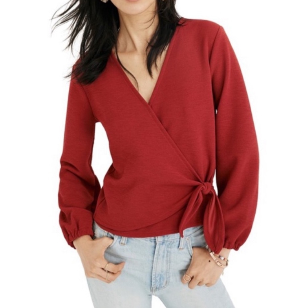 Madewell Texture and Thread Red Crepe Wrap Blouse Petite Officewear XXS